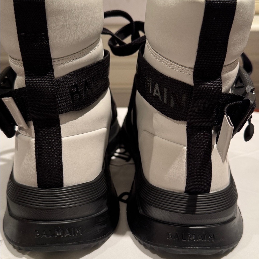 BALMAIN PARIS B TROOP HI-TOP SNEAKERS IN WHITE LEATHER W/BLACK LACES STRAPS EU40 - Picture 5 of 15